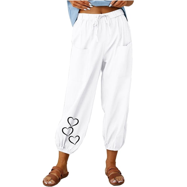 ameIAEA Womens Elastic Waisted Drawstring Pants Wide Leg Print Casual Trousers with Pockets