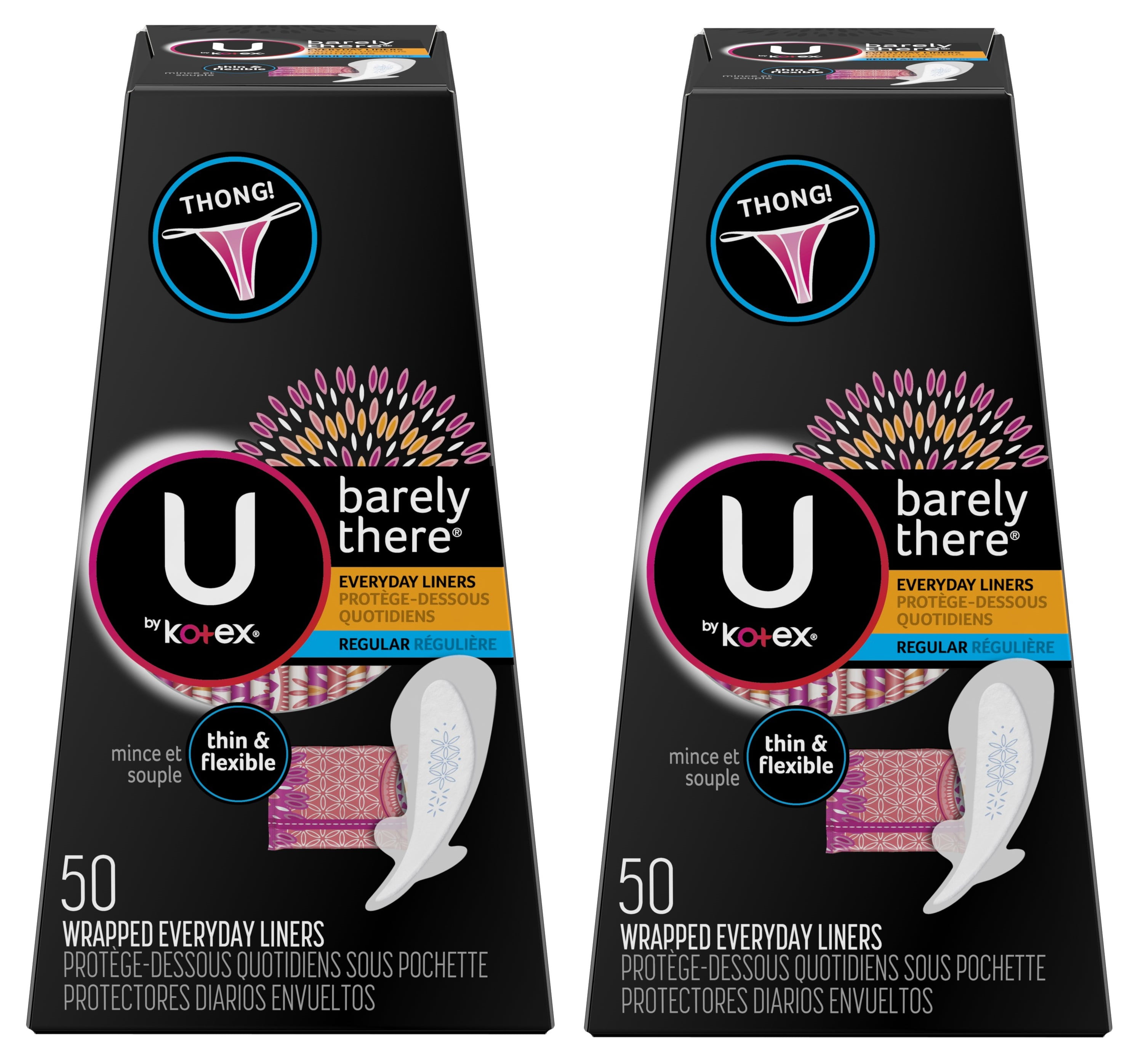 U by Kotex Barely There Liners, Thong, Light Absorbency, Unscented, 50 Count - 2 Pack