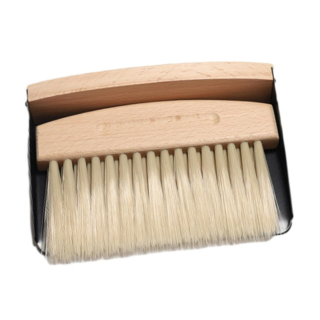 Juego de escoba y recogedor de escritorio, cepillo de barrido portátil y versátil con mango de madera. cerdas de nailon negro