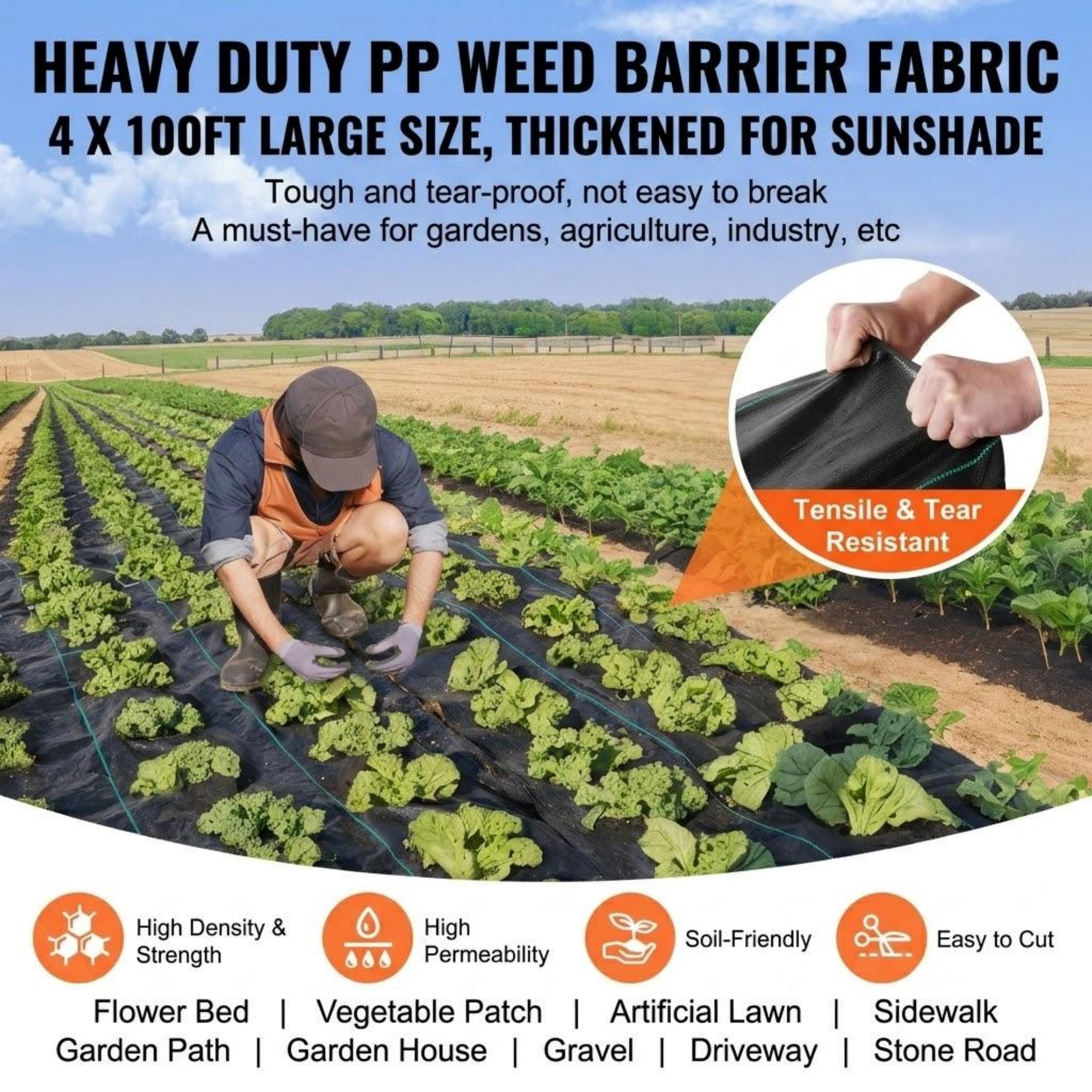 4ft x 100ft Heavy Duty Weed Barrier Fabric, Woven PP Geotextile Fabric for Landscaping, Driveway, Ground Cover, Weed Control, Black