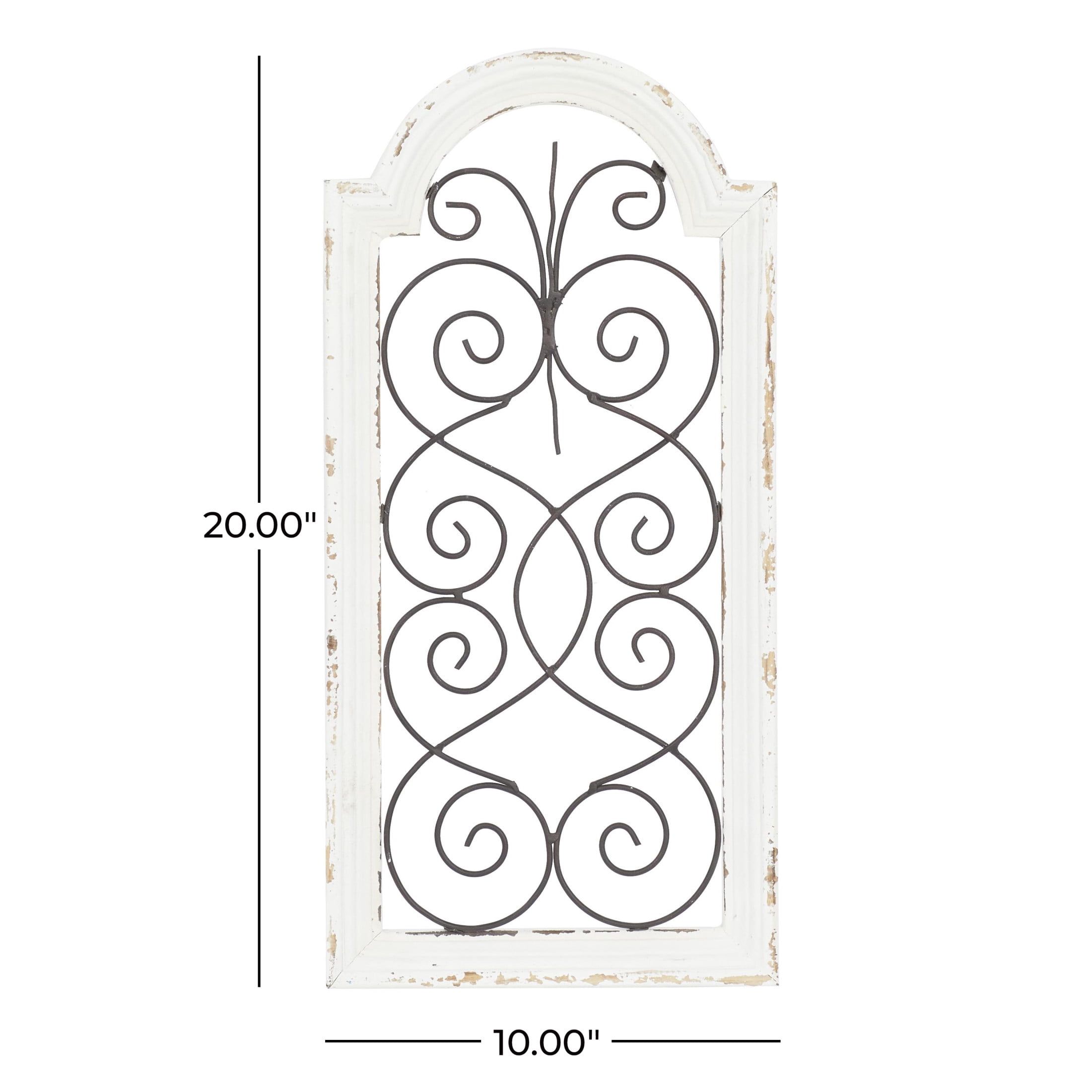 DecMode White Wood Arched Window Inspired Scroll Wall Decor with Metal Scrollwork Relief