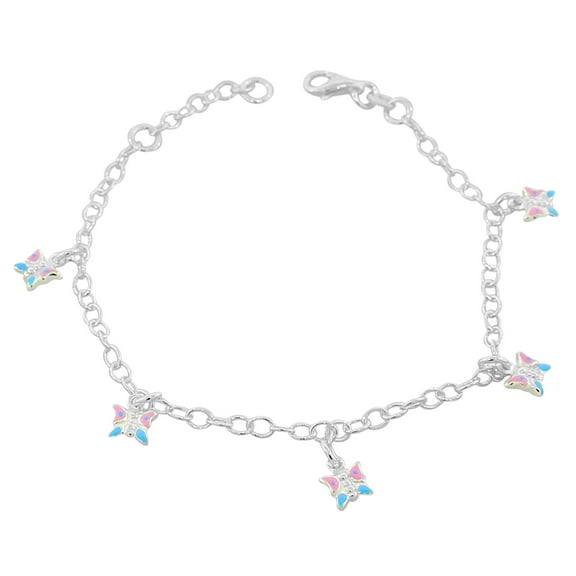 925 Sterling Silver Multicolor Enamel Butterflies Womens Girls Link Chain Bracelet