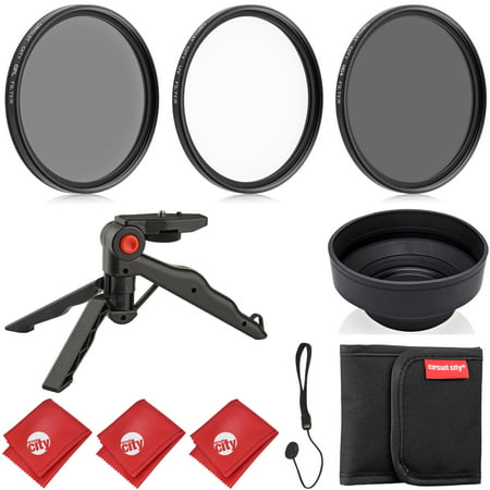 circuit city 52mm professional digital photography filter kit (uv, cpl, nd4) + pouch + rubber lens hood + cap keeper leash + pistol grip tabletop tripod + 3 microfiber lens cleaning