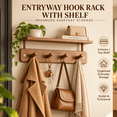 thumbnail image 6 of Wall Mounted 4-Hook Rack with Shelf, Sturdy Metal Frame Wooden Shelf, No-Drill Easy Install with Assembly Video for Home Entryway Bathroom Kitchen Storage, Brown, 6 of 7