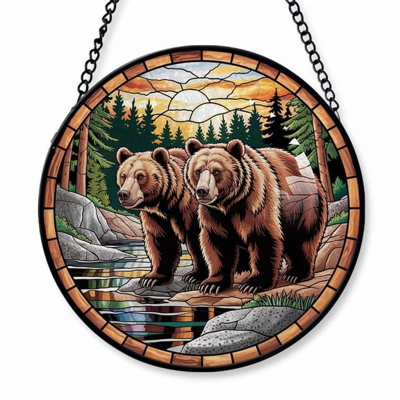 Brown Bears Couple Stained Glass Suncatcher Window Hanging – Custom Text Window Hanging for Parents & Children, Couple’s Keepsake, Christmas 2025 Tree Decoration