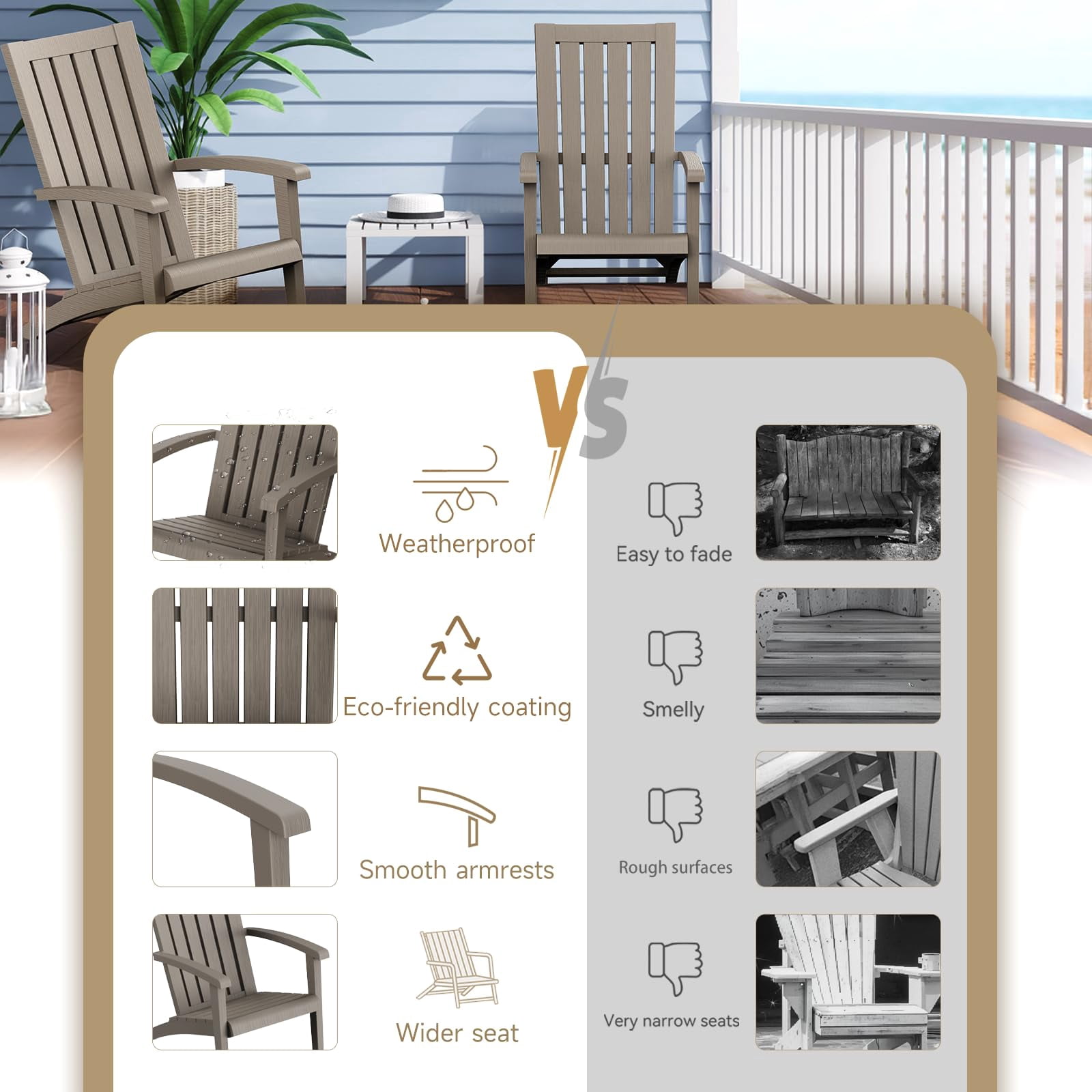 EasyUp All-Weather Resin Adirondack Chair with Wooden Texture and Cup Holder for Outdoor Deck, Backyard, Patio & Garden
