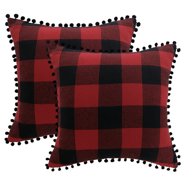 Fundas DE Cojín con Pompones PiccoCasa Clásico Búfalo Cuadros 45x45cm Rojo y Negro 2Pcs