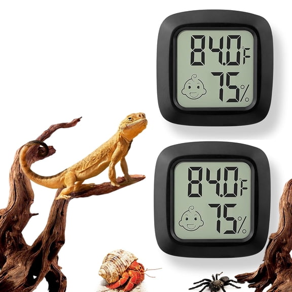 Digital Reptile Thermometer and Humidity Gauge with On-Off Switch for Bearded Dragons and Geckos 2 Pack Black