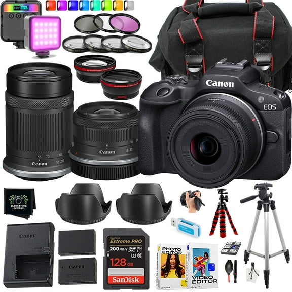 Canon EOS R50 Mirrorless Camera   18-45mm and 55-210mm lens   128GB Sandisk Memory Card (21pc Bundle) (International Version)
