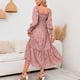 thumbnail image 4 of Vestido largo de mujer Vestido fruncido con cuello cuadrado Vestido de manga larga con estampado floral Vestido con dobladillo con volantes Rosa XL, 4 of 6