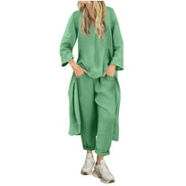 2 Piece Sets for Women Dressy Plus Linen Pants Set for Women Tall Women'S Spring/Summer Round Neck Casual Solid Color Cotton/Linen Long Sleeve Pants Suit