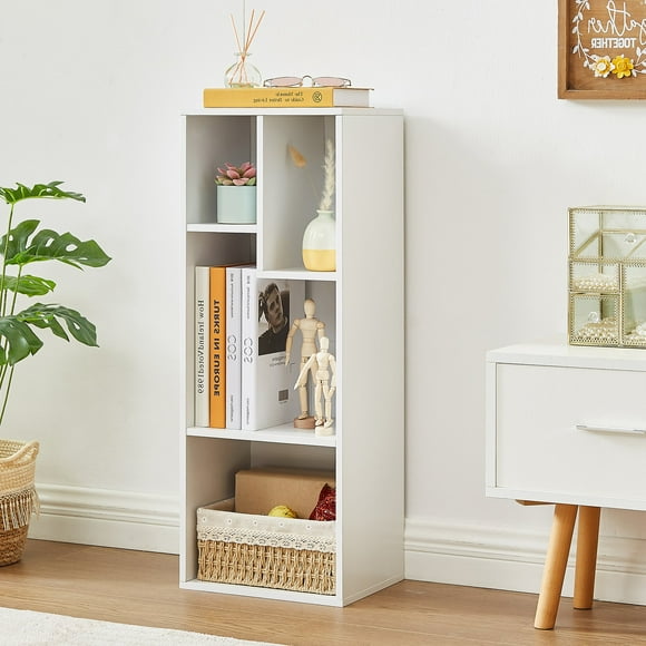 VECELO Bibliothèque à 3 Niveaux 4 Cubes Étagère en Bois avec Organisateur de Rangement Étagère d'Exposition, Unité Autoportante pour Salon Bureau à Domicile, Blanc