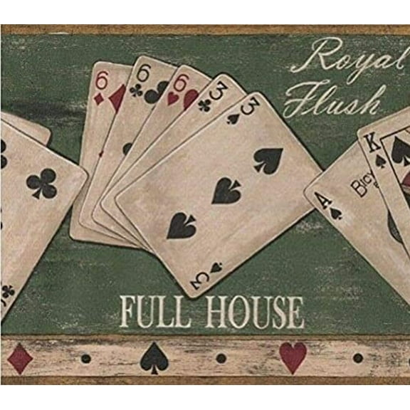 Concord Wallcoverings Wallpaper Border Gambling Pattern Poker Cards on Game Table for Social Room Living Room, Green Red Beige Black Brown, 7 Inches by 15 Feet 5813120
