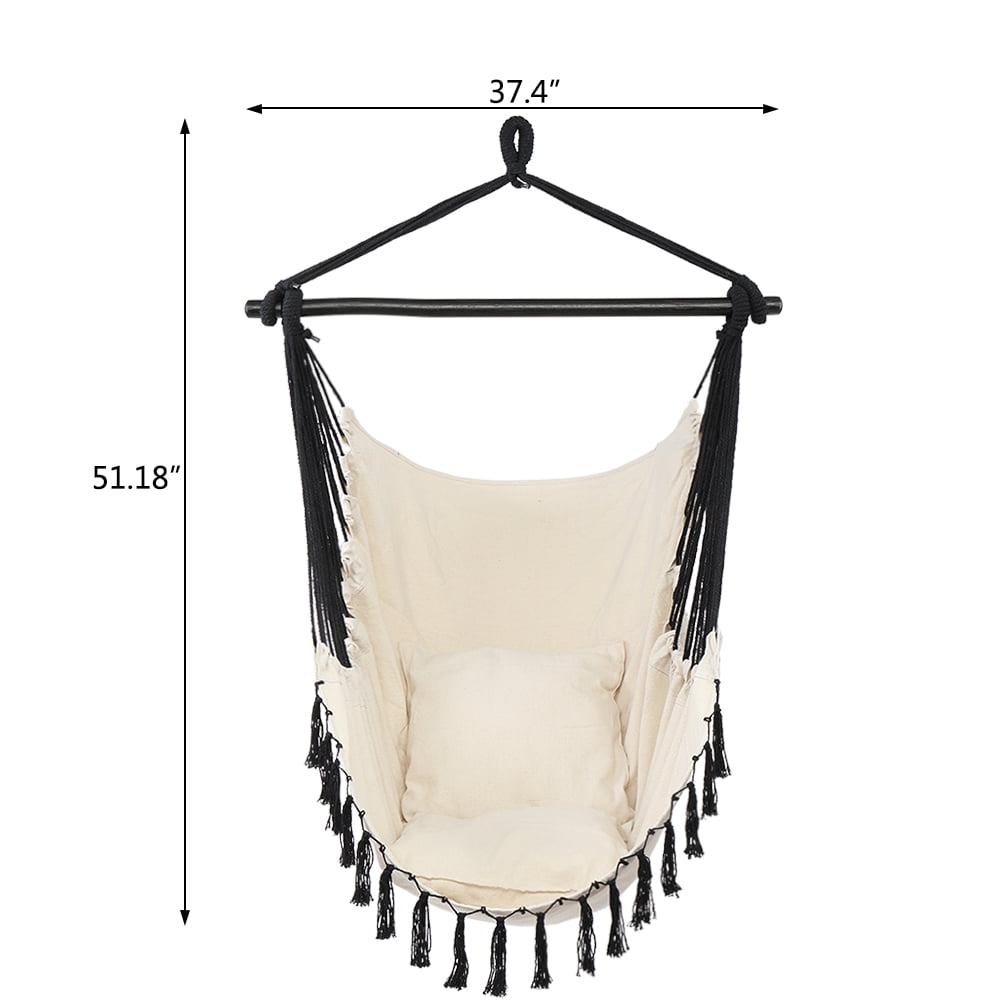 BAYUELSWU Hammock Chair with 2 Cushions, Hanging Rope Rope Swing with Tassel for Indoor/Outdoor, Garden Yard, Backyard, Living Room (Beige)