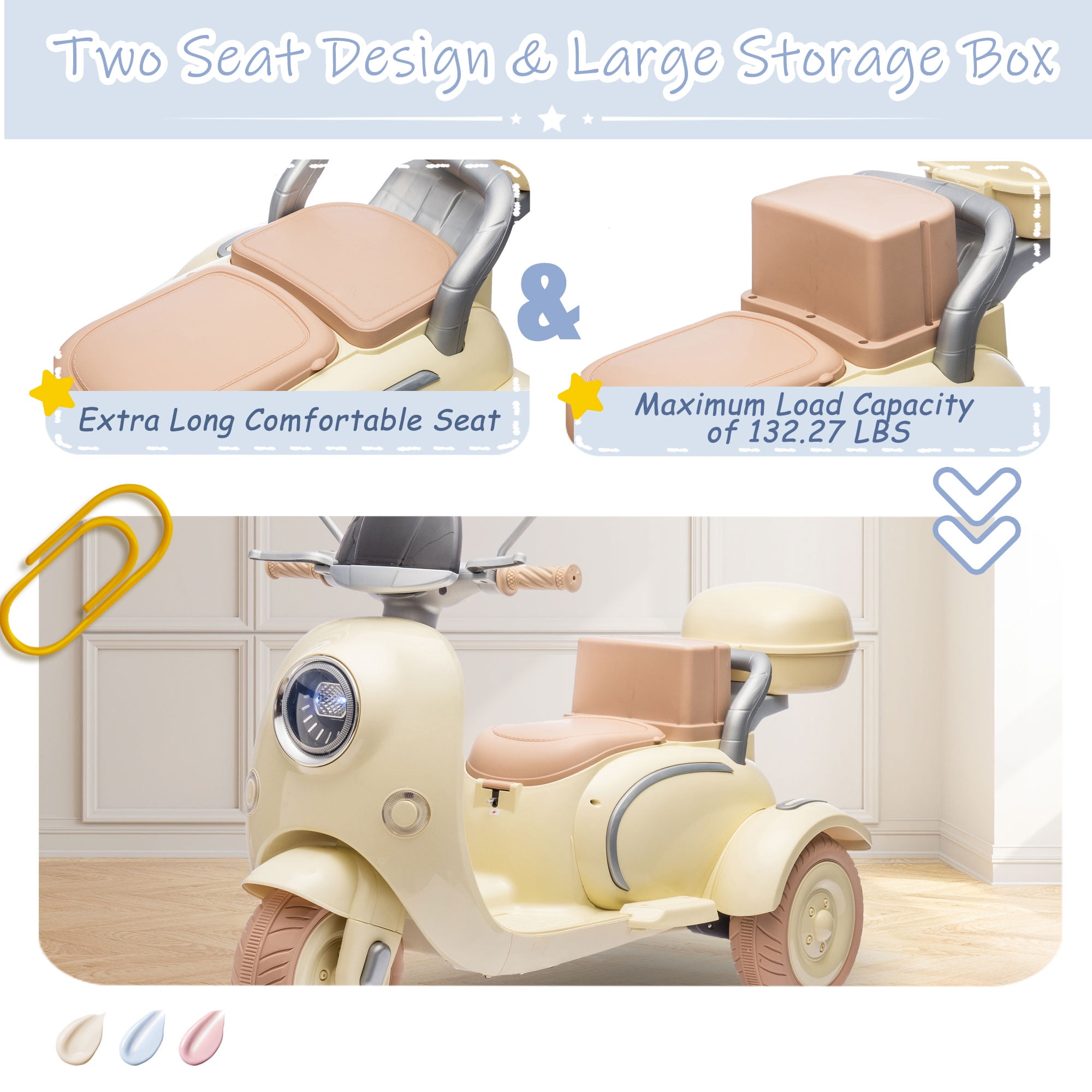 Track Seven 12V Ride on Motorcycle, 2-Seater Electric Motorcycle with Dual Motor, 3 Wheels Motorbike with Bluetooth, LED Lights, Storage Box, Front Hook, Ride on Toy Car for Boys Girls Aged 3+, Beige
