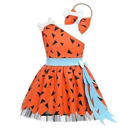 

CLZOUD Semi formal Dresses for Girls Orange Toddler Kids Caveman Girls Dog Bones Historical Cavegirl Mesh Tulle Dress Princess Outfits 70