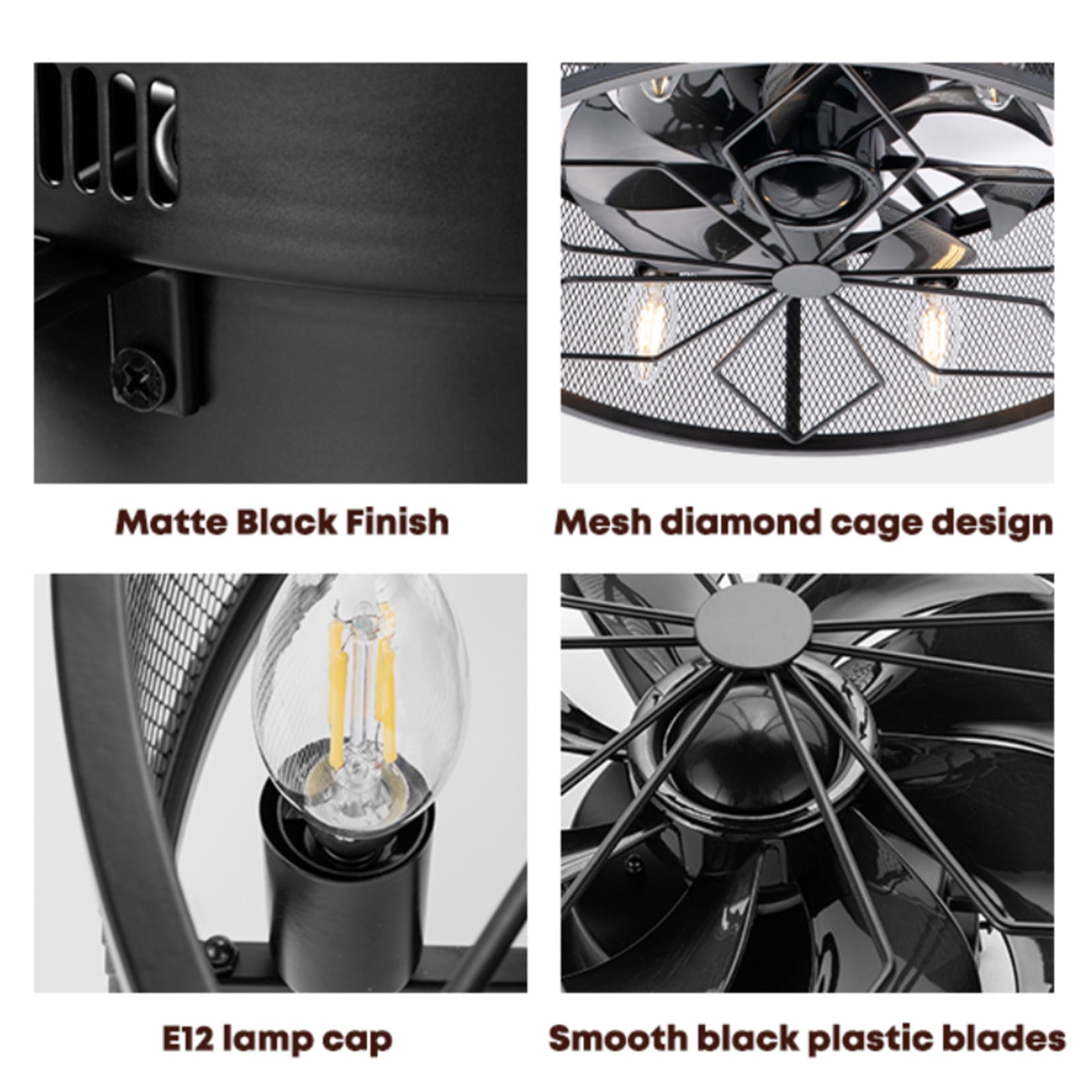 NookNova 18'' Black Farmhouse Caged Ceiling Fan with Lights and Remote, Flush Mount Low Profile Ceiling Fan Lighting, Industrial Bladeless Enclosed Rustic Ceiling Fan Lights for Home Office