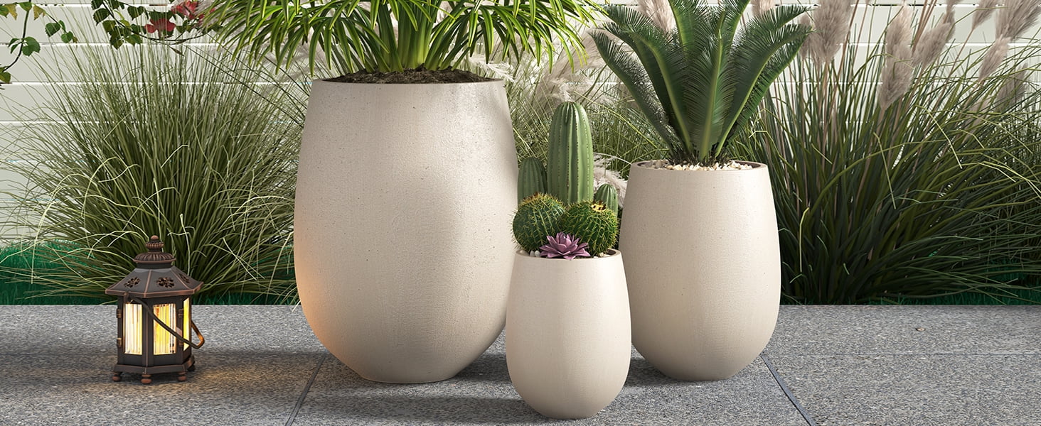 Mintazer Modern Planter Set of 3, 15.6"/10.74"/7.3" Round Stackable Flower Pots with Drainage Holes, Decorative Plant Pots for Indoor & Outdoor, Light Beige
