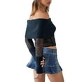 thumbnail image 3 of Fortune Women Off Shoulder Sweater Mesh Knit Cropped Pullover Solid Color Long Sleeve Slim Fit Crop Top, 3 of 6