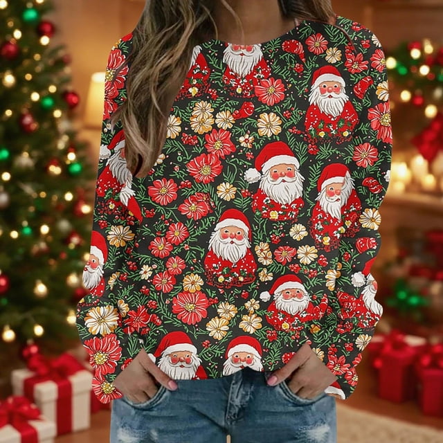 Chandails d'Hiver Grande Taille pour Femmes Mode Décontractée Col Rond Manches Longues Imprimé de Noël Sweat à Capuche Drôle