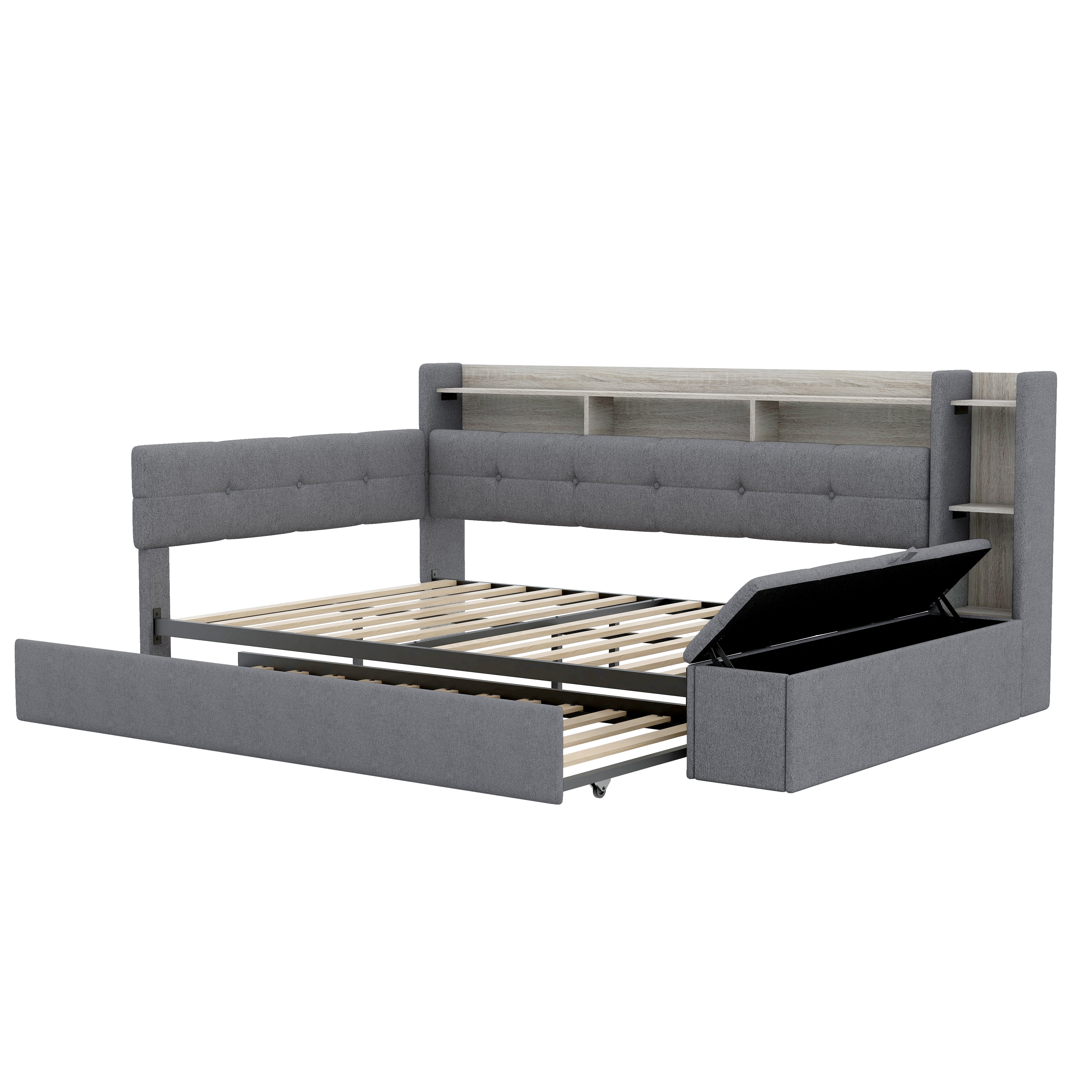 Euroco Upholstery Full Size Daybed with Trundle, Storage Sofa Bed with Footstool and Shelves, LED Light and USB Charging, Grey
