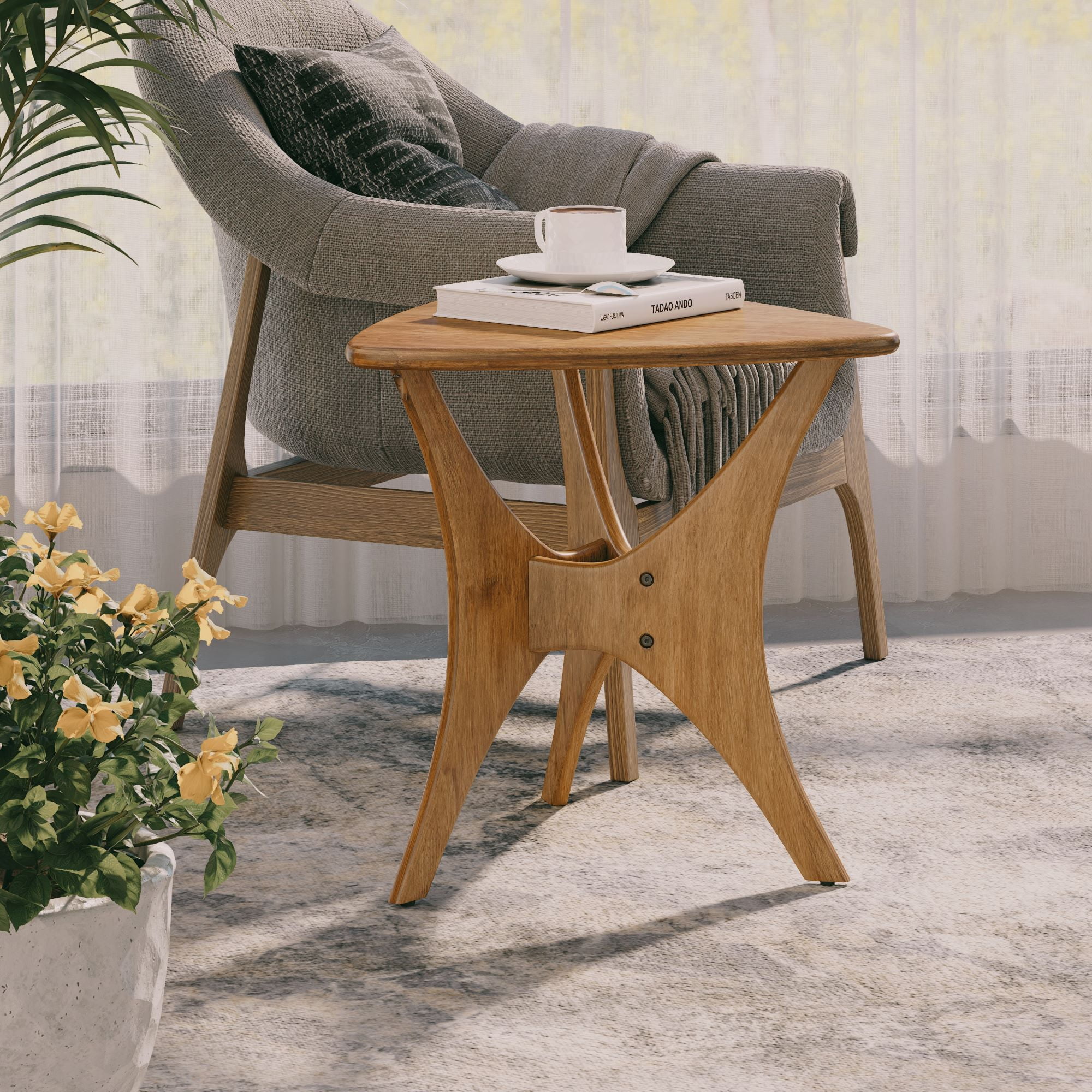 COZAYH Modern Triangle Wood End Table with Cross-Leg Rubberwood Base, Mid-Century Small Accent Side Table for Living Room, Easy Assembly, Natural, Brown