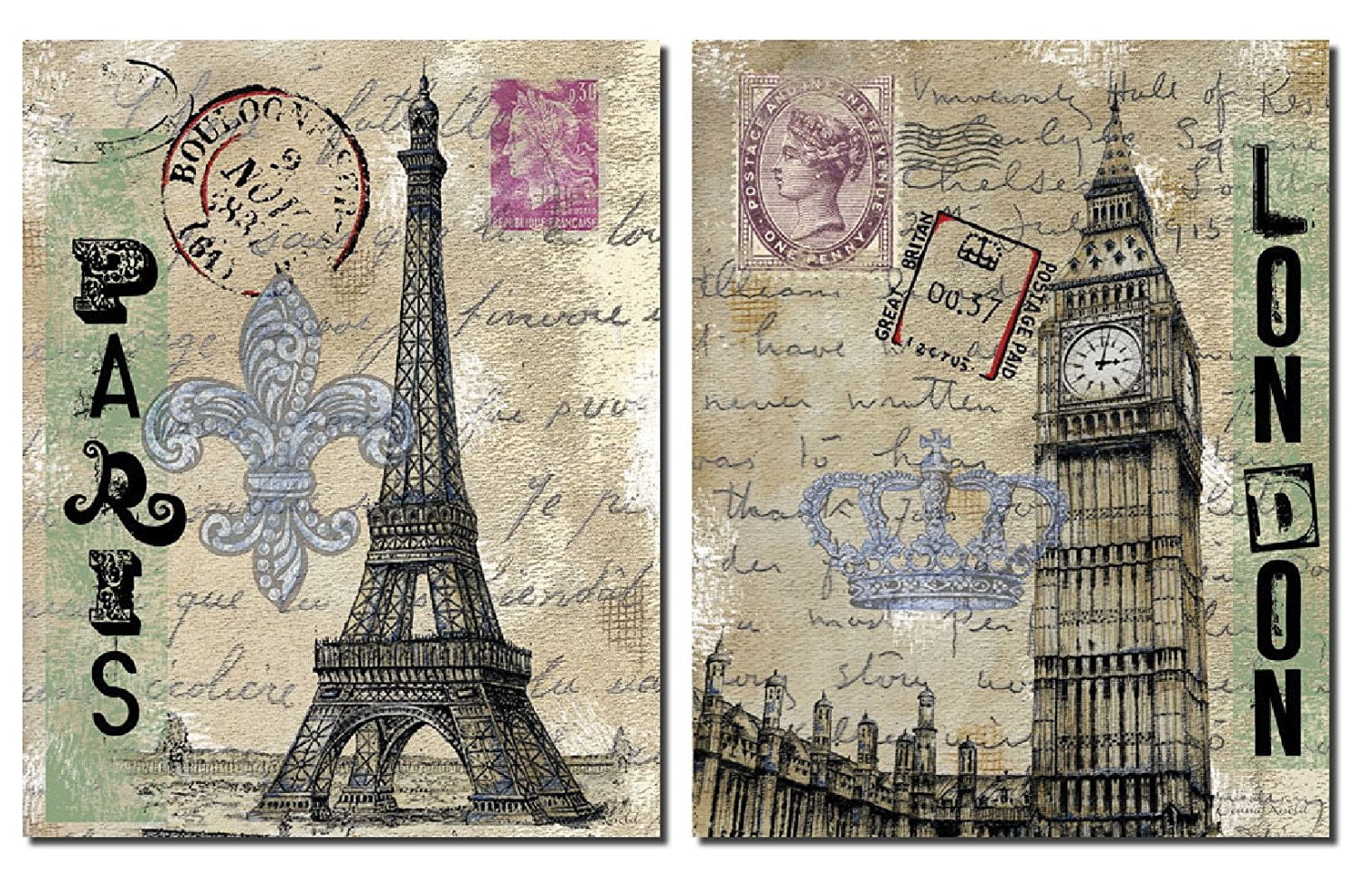 Vintage Paris Eiffel Tower Postcards Digital Paper Printables
