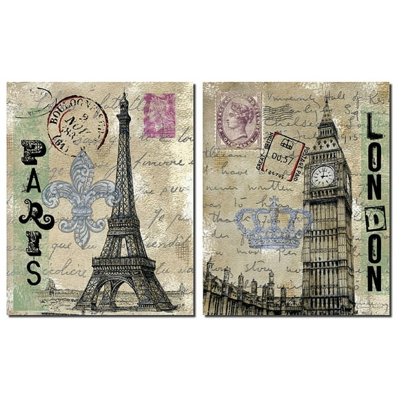 Vintage London Travel Set; Paris Eiffel Tower and London's Big Ben with Postcard Background; Two 11x14 Paper Prints