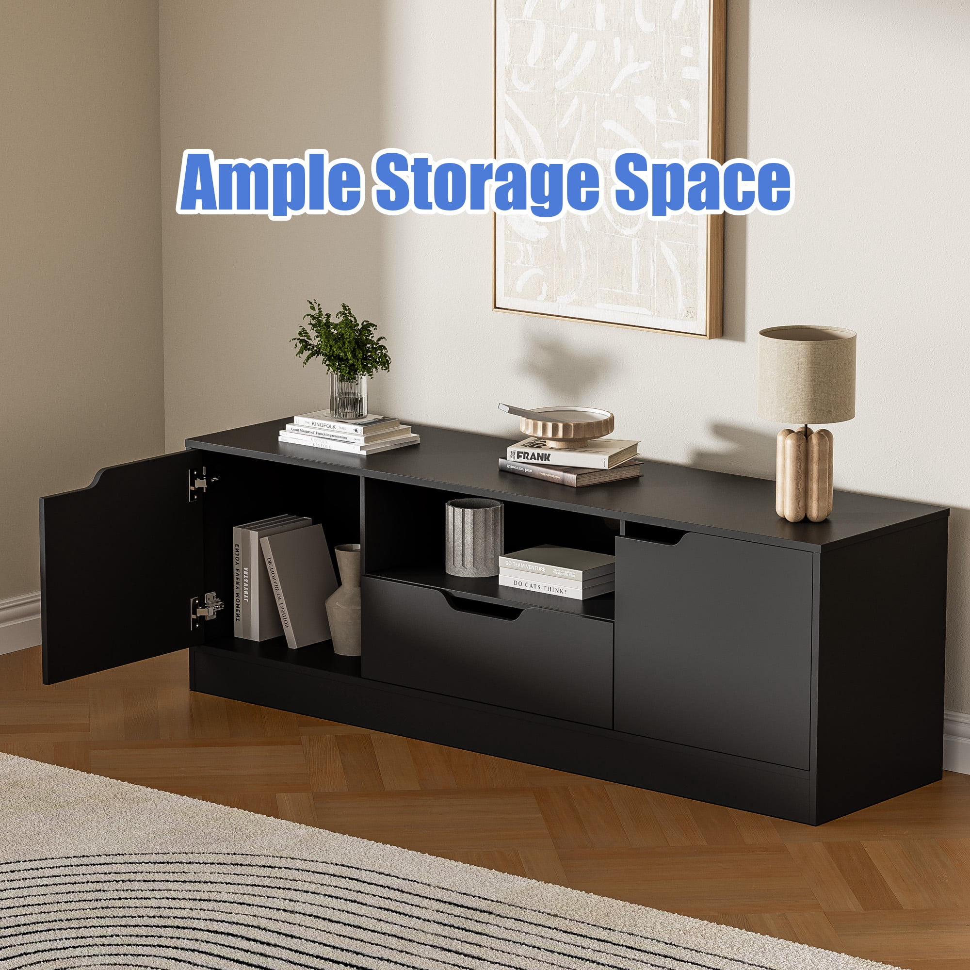 Modern TV Stand for 55/60/65 Inch TV, Media TV Console Table with 2 Doors & Drawer, Entertainment Center with Storage Cabinet for Living Room, Bedroom, Black