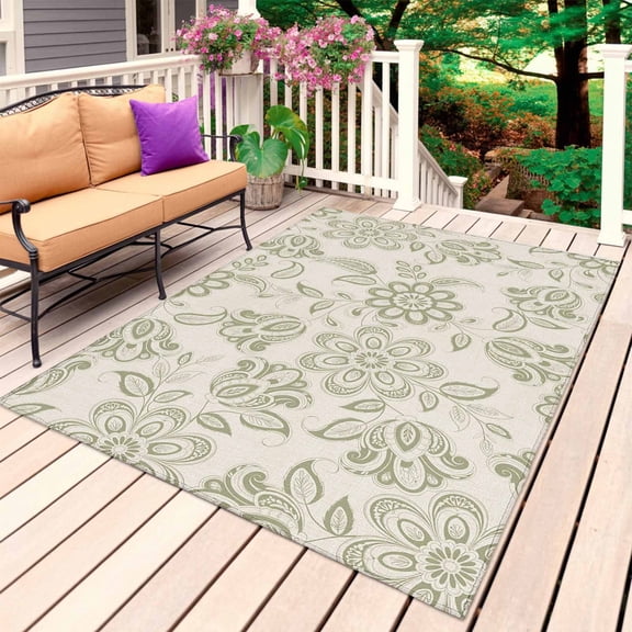Green Flowers Outdoor Rug for Patio/Deck/Porch, Non-Slip Large Area Rug 5 x 8 Ft, Vintage Country Ethnic Tribal Artwork Indoor Outdoor Rugs Washable Area Rugs, Reversible Camping Rug Carpet Runner