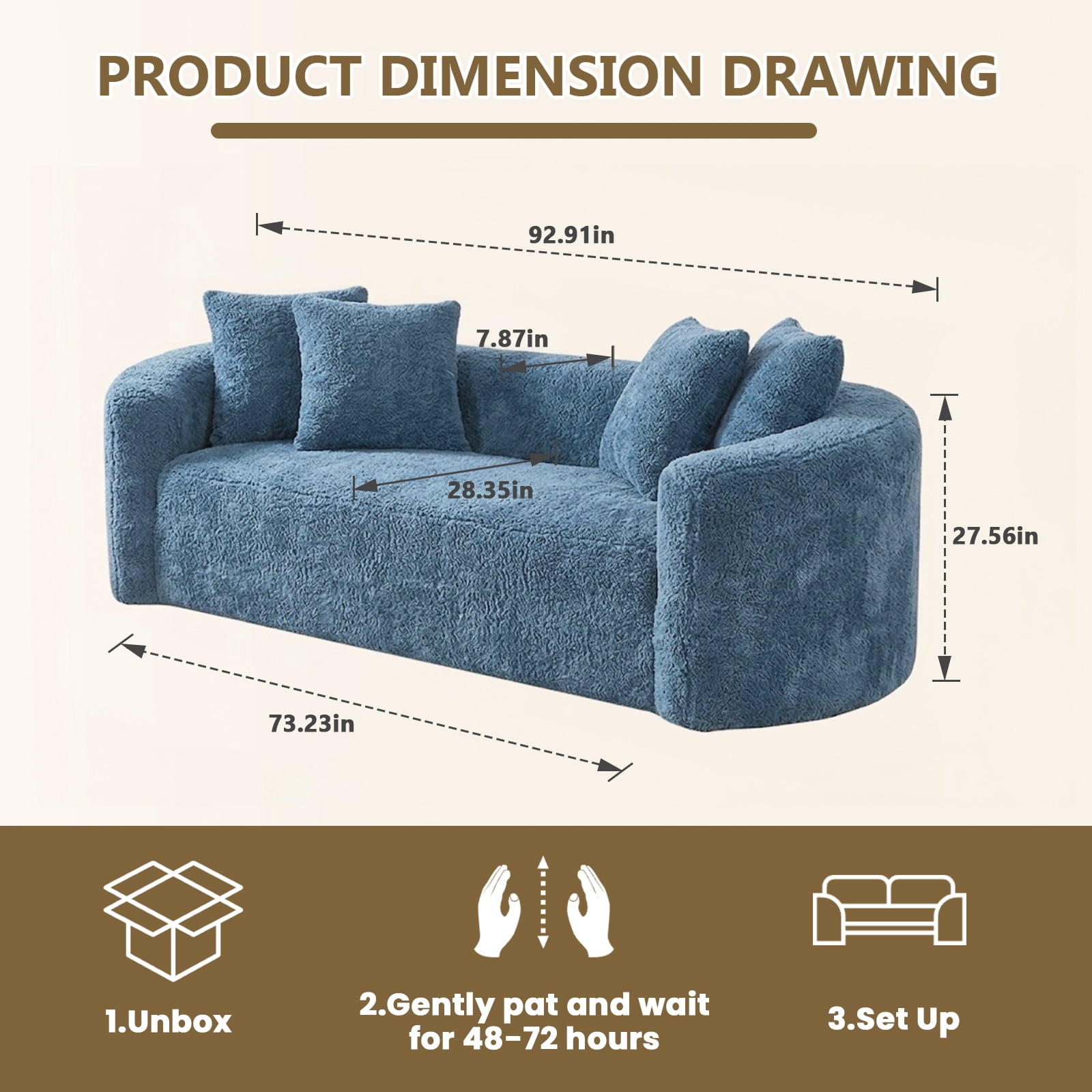 93" Curved Chenille Cloud Couch, No Assembly Boneless Compression Sofa with 28" Deep Seat and 4 Throw Pillows, 4 Seater for Living Room