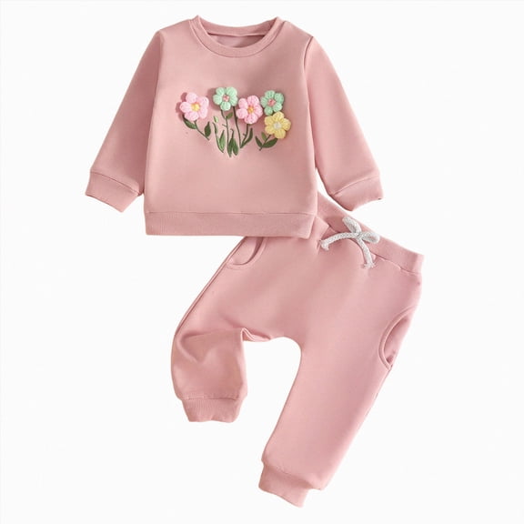 NOLDARES Toddler Baby Boys Girls Fall Clothes Print Outfit Long Sleeve Sweatshirt and Jogger Pants Set(Pink,18-24 M)