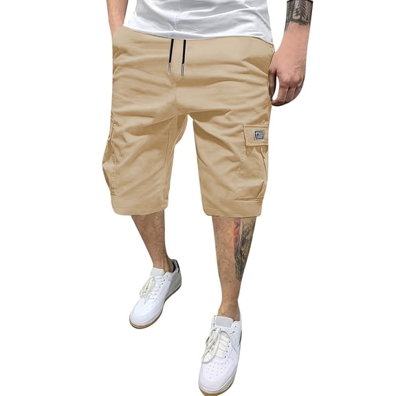 Nestiefly Men's Casual Cotton Twill Cargo Shorts Classic Chino Stretch Waist Drawstring Outdoor Work Shorts with 6 Pockets Khaki 3XL