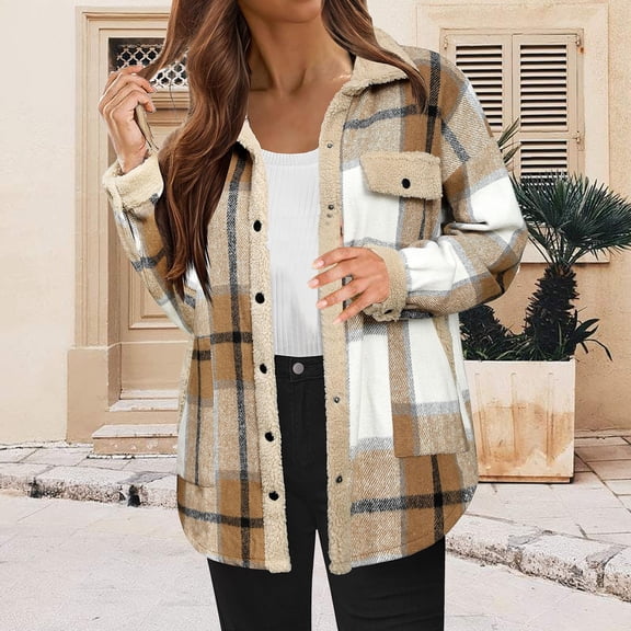 Baberdicy Women's Plaid Lapel Jacket, Casual Contrast Color Fleece Lined Fall Winter Coat , Plaid Fleece Shacket, Corduroy-Collar Jacket, Fall Flannel Coat Beige L