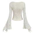 thumbnail image 4 of Women's Y2K Cute Bell Sleeve Tops Floral Print Mesh V Neck Blouse Summer Long Sleeve Ruffle Slim Fitted Going Out Tops with Bow(Beige,S), 4 of 4