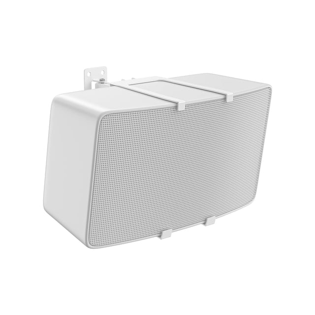 soporte de pared para altavoz notiela para sonos five & play 5 vista 3/4 frontal con altavoz blanco montado en dos brazos metálicos y placa de fijación con orificios, barras superiores y pestañas inferiores que sujetan el Sonos Five/Play 5, acero pintado y diseño de gestión de cables en la parte posterior. Su tamaño compacto lo hace adecuado también para montaje en esquinas o estantes reducidos.
