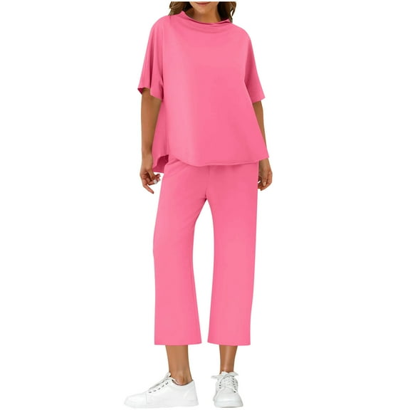 BUIGTTKLOP Womens 2 Piece Outfits Short Sleeve Crewneck Top Wide Leg Pants Matching Lounge Sets