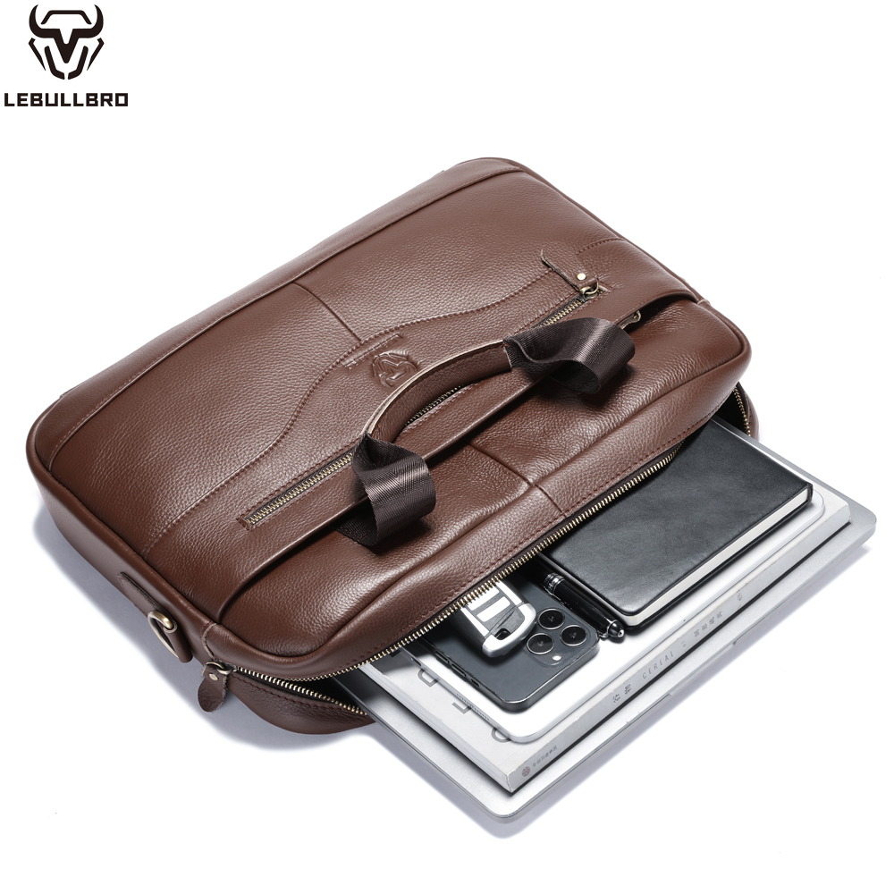 LEBULLBRO Mens Genuine Leather Briefcase Shoulder Messenger Bags Work Laptop Bag Coffee