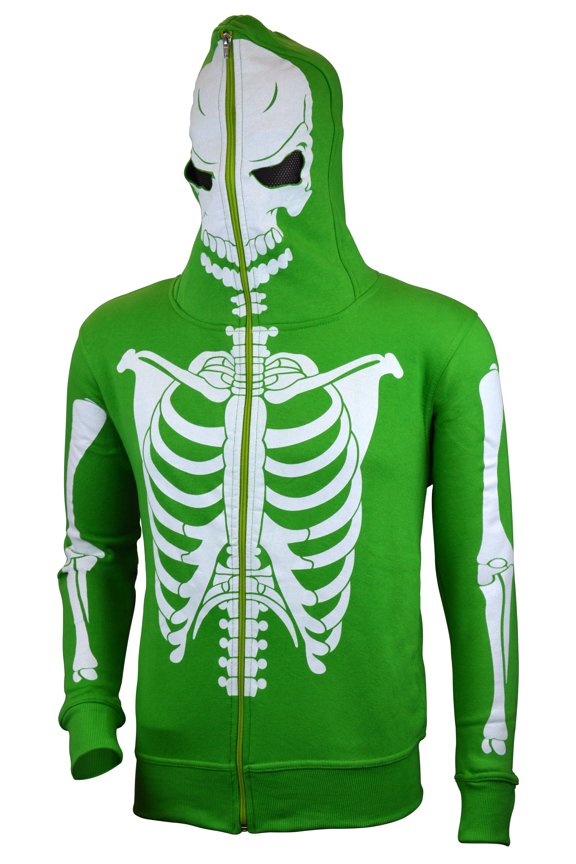Men Full Face Mask Skeleton Skull Hoodie Halloween Costume Green S