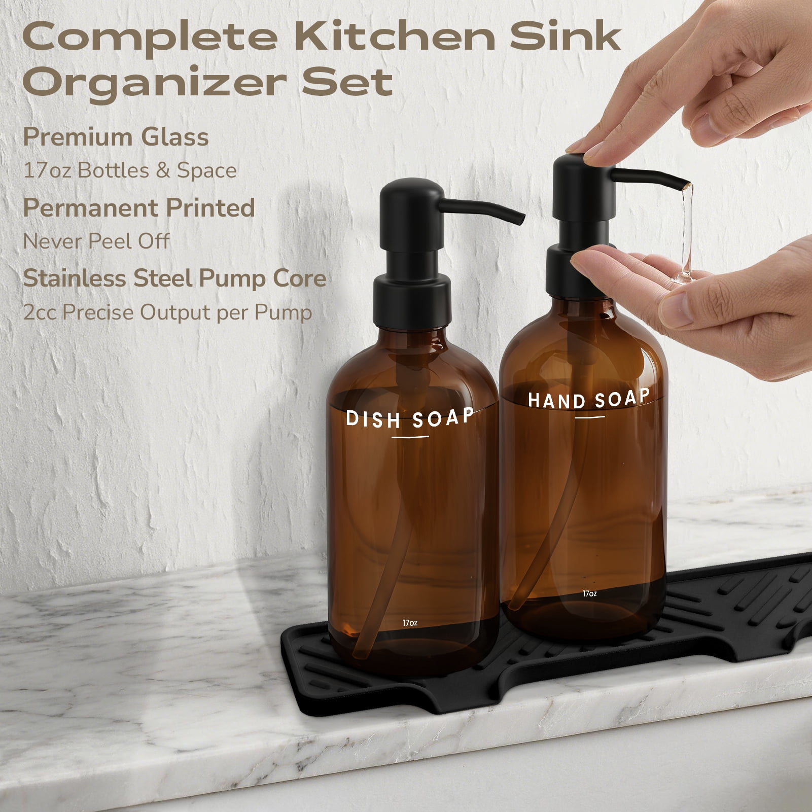 Kitchen Soap Dispenser Set - 17fl oz Glass Bottle, Stainless Steel Pump, Instant Dry Tray and Dish Brush for Bathroom, Office, Hotel, Modern Kitchen Decor & Accessories, Brown