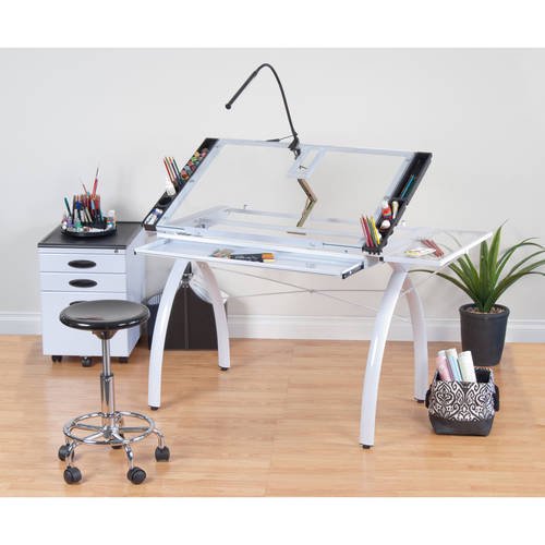 SD Studio Designs 10096 Futura Station with Folding Shelf Top Adjustable Drafting Craft Drawing Hobby Table Writing Studio Desk with Drawer, 35.5'' W x 23.75'' D, White/Clear Glass