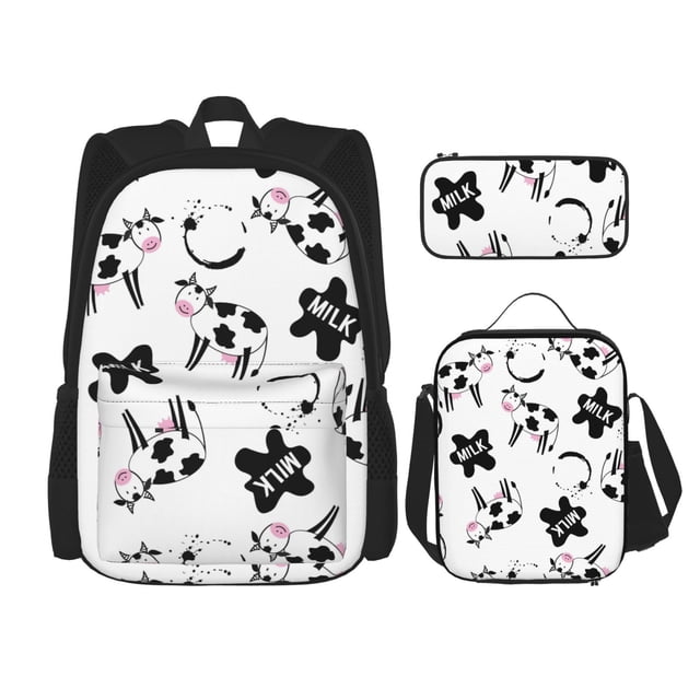 Balery Cute Cow and Milk Stains Mochila Escolar 3 en 1 para Niños - Mochila Resistente con Lonchera Térmica y Estuche - Mochila Escolar para Niños y Niñas