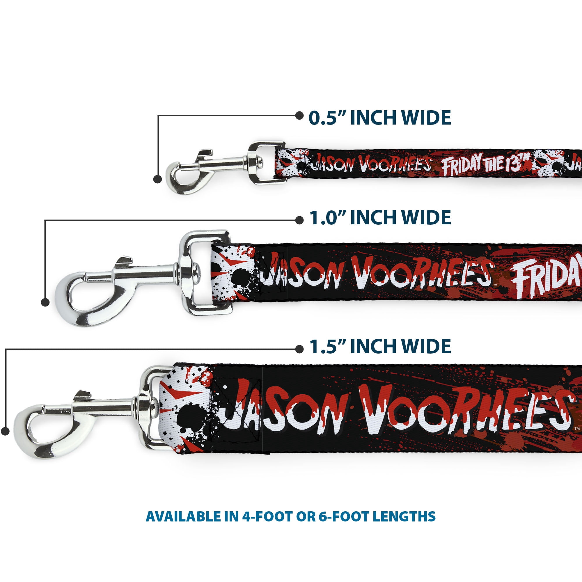 Warner Bros. Horror Movies Pet Leash, Dog Leash, Friday the 13th Jason Voorhies Mask Text Black Red White, 6 Feet Long 1.0 Inch Wide