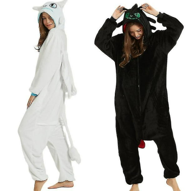 Dragón sin dientes blanco negro Onesie adulto Unisex pijama de franela Anime Cosplay disfraz entrenar tu furia nocturna ropa de dormir E46762ac