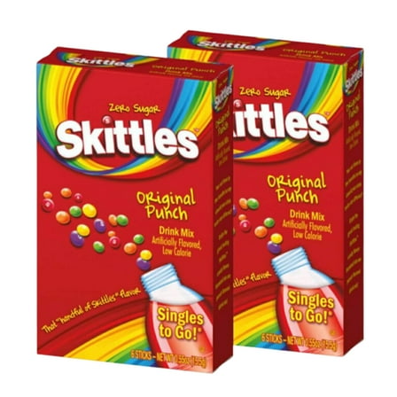 JSC Skittles Original Punch Singles to Go Drink Mix 6 Sticks per Box Zero Sugar Calorie Fruity Flavored Easy to Prepare Indoor Outdoor Powdered Drink Picnic Convenient Water Rainbow Bursting Pack of 2