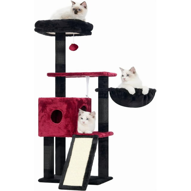Gothic Cat Tree, 110 CM Cat Tower for Indoor Cats, Plush Multi-Level Kitten Cat Condo with Scratching Post,Ramp, Basket, Spacious Cat Cave, Hanging Ball, Black and Red
