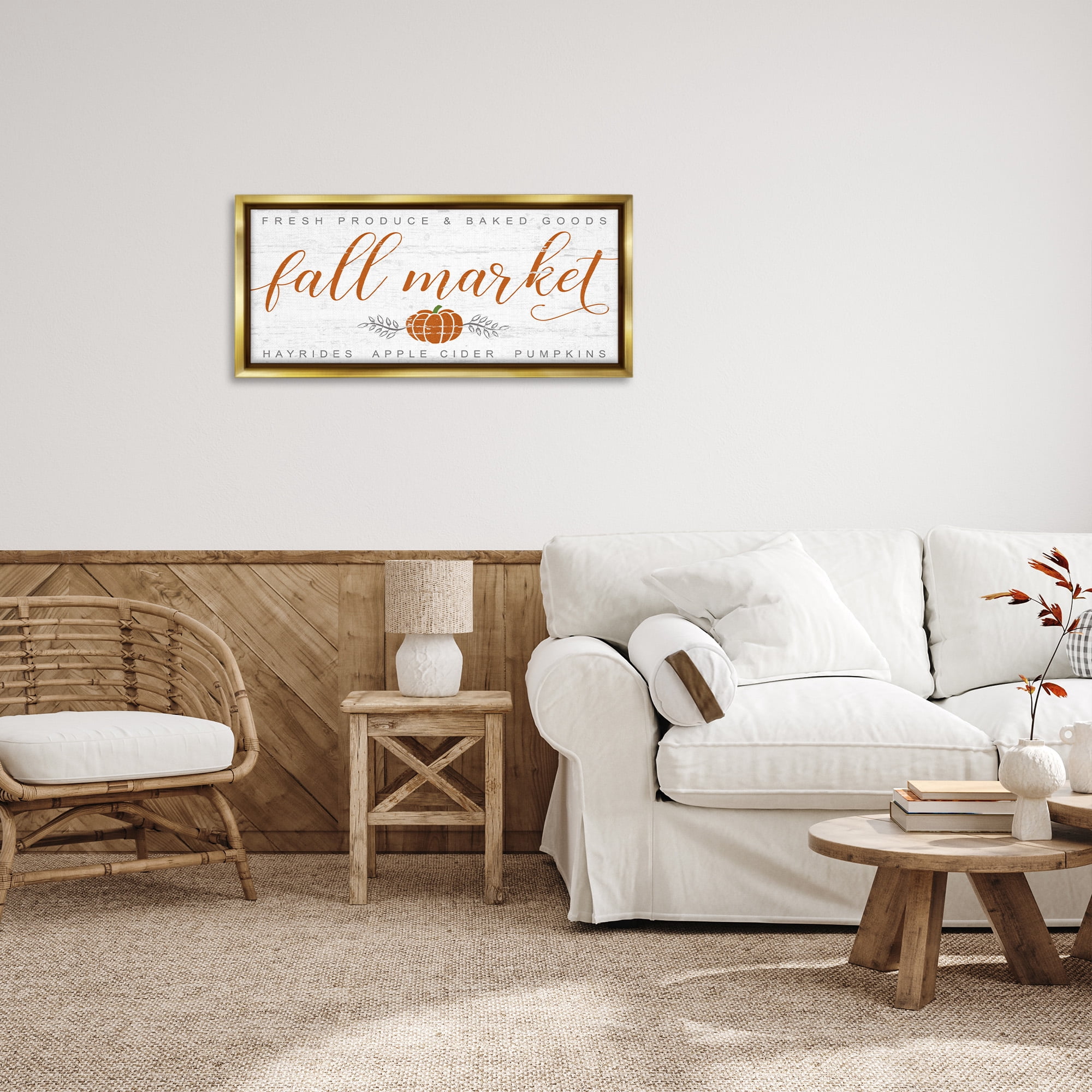 Stupell Industries Charming Fall Market Sign Holiday Painting Gold Floater Framed Canvas Art Print Wall Art, 31 x 14