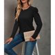thumbnail image 3 of Women Puff Sleeve Shirts Pure Color Round Neck Waffle Knit Top Elegant Casual Long Sleeves T Shirt Black M, 3 of 4
