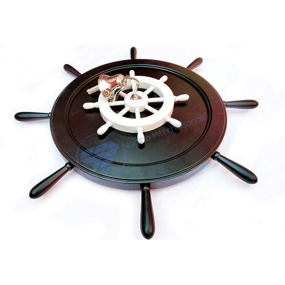Wooden Ship Wheel (Full Black) - White Ship Wheel   Solid Brass Polished Bell Mounted (18 Inches)