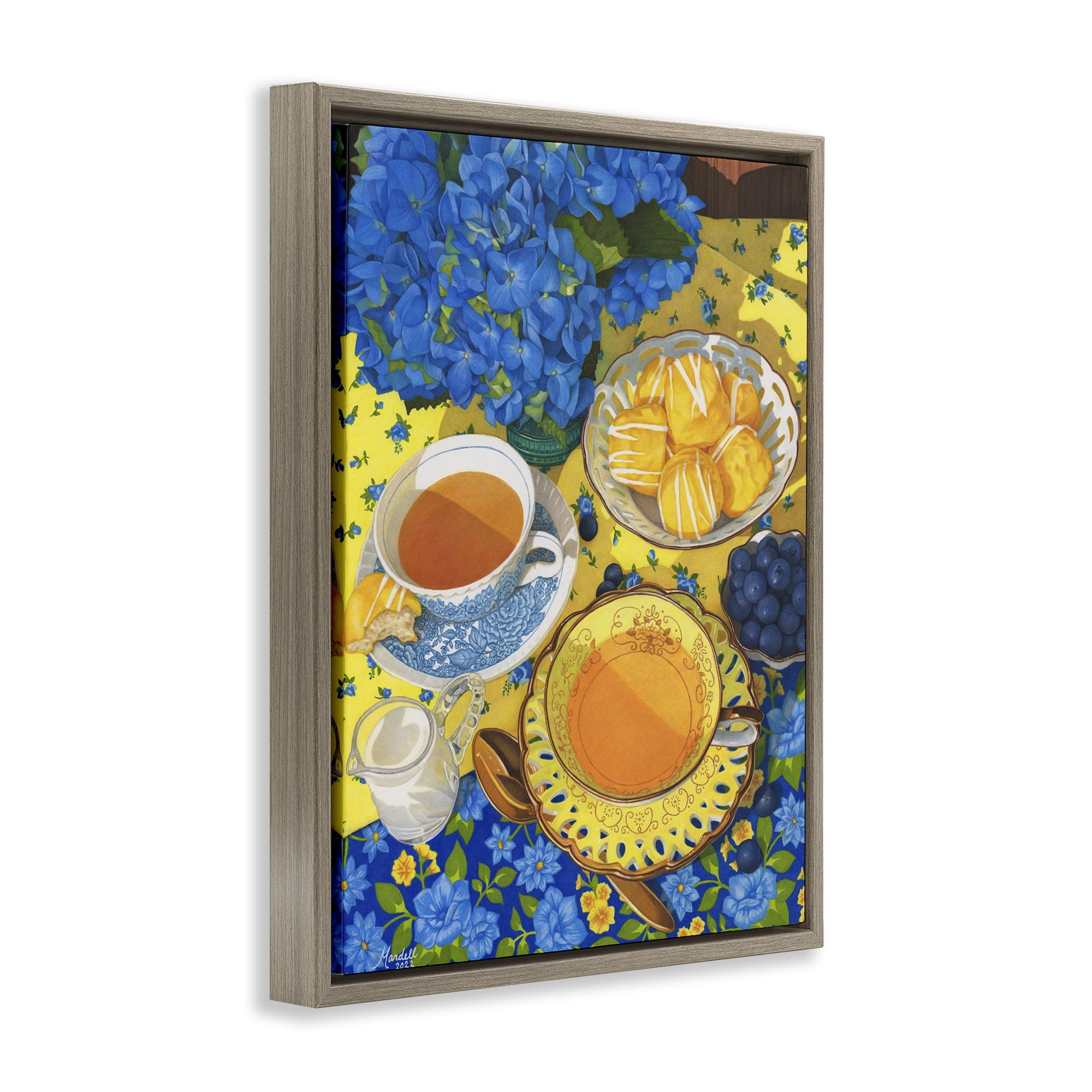Stupell Industries Blue & Yellow Tea Party Food & Beverage Painting Brown Floater Framed Art Print Wall Art, 25 x 31